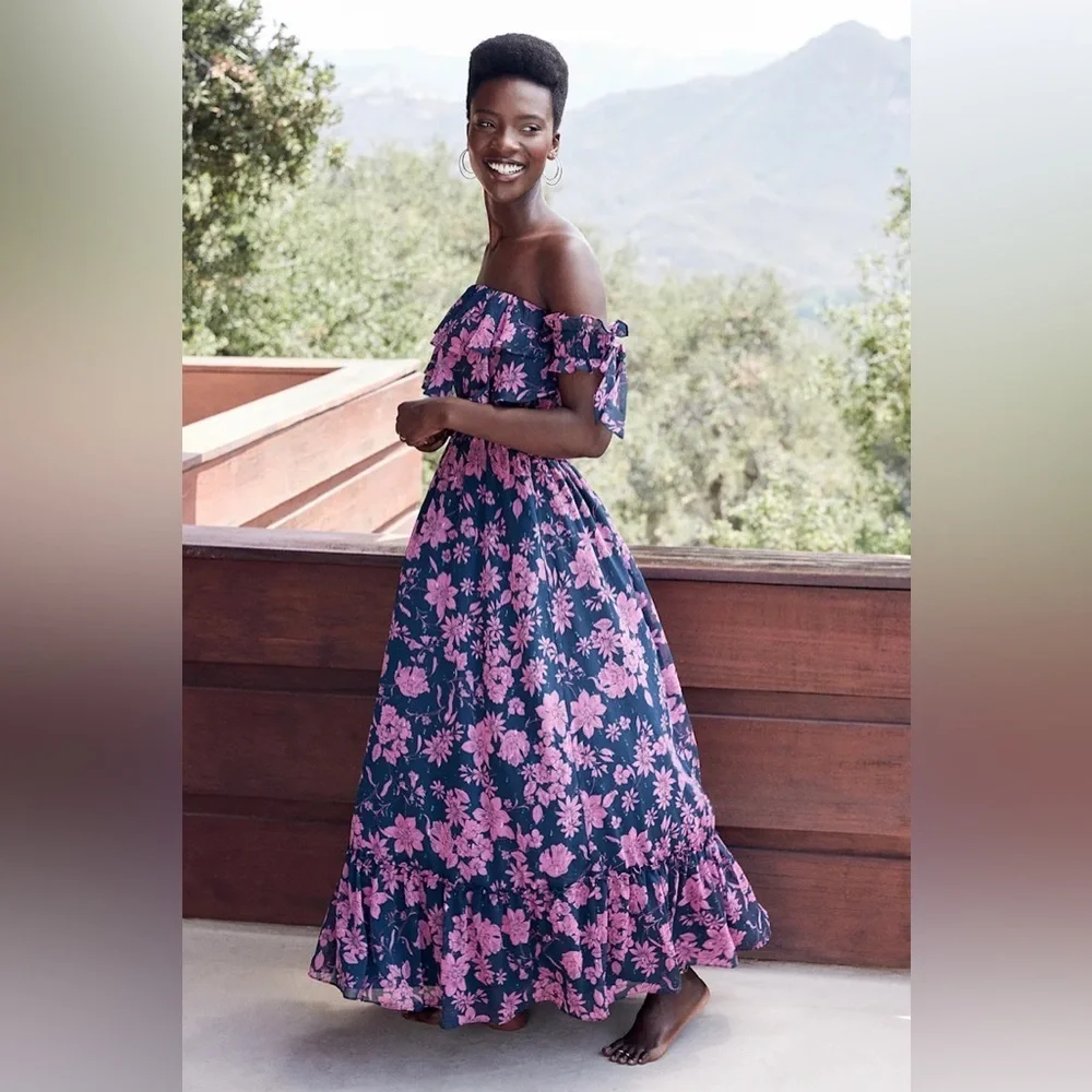 New Lulus Love and Blooms Navy Blue Floral Print Off The Shoulder maxi Dress - Picture 3 of 14